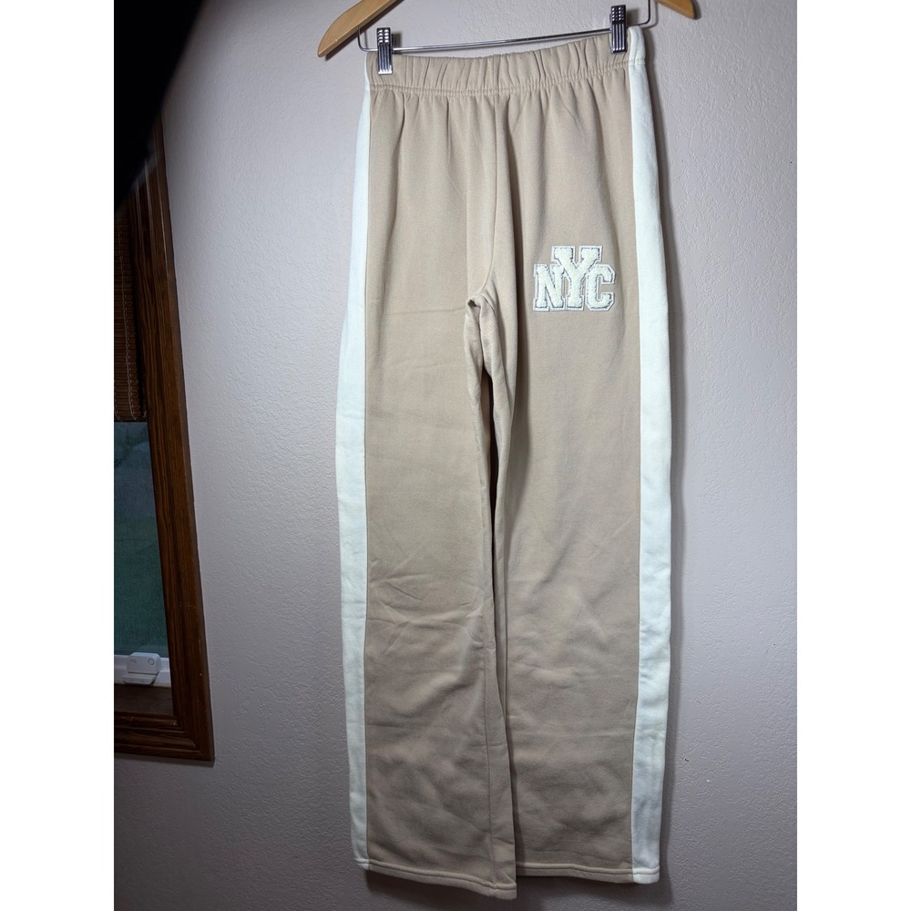 NYC Chenille Patch Wide Leg Sweatpant Tan Cream Side Stripe JQF-85 Joggers small